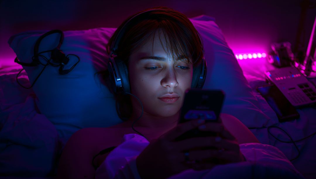 Woman Relaxing in Dimly Lit Room Using Smartphone with Headphones