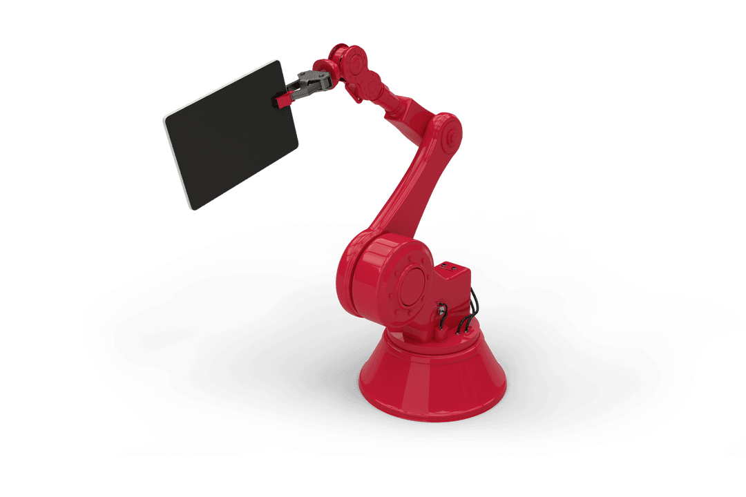 Industrial Red Robotic Arm Holding Transparent Digital Tablet Display