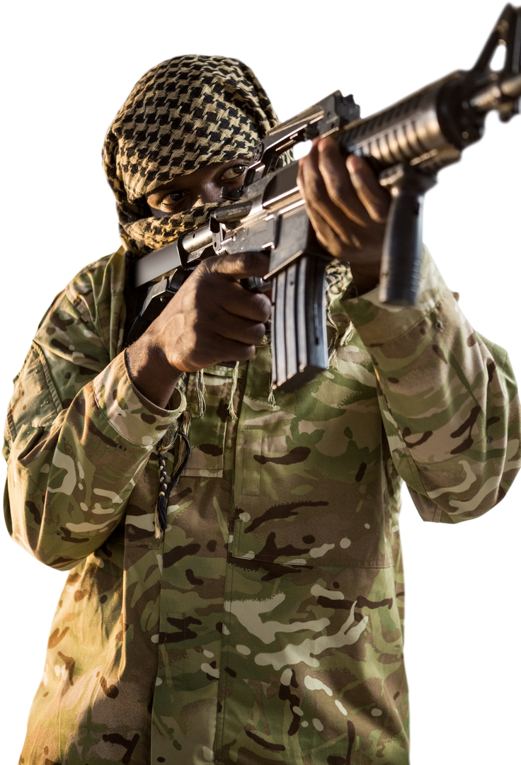 Transparent Low Angle Soldier Aiming with Rifle in Camo Gear - Download Free Stock Images Pikwizard.com