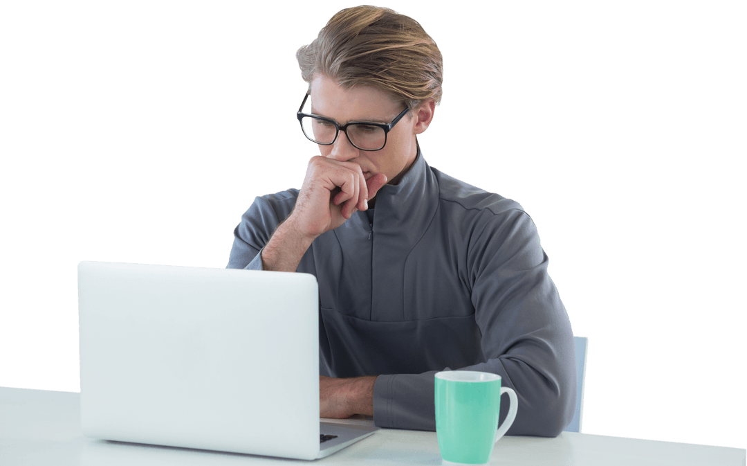 Serious Businessman Looking at Transparent Laptop Thoughtfully