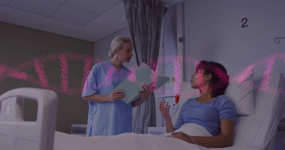 DNA Animation Overlay: Doctor Discussing with Patient in Hospital Room