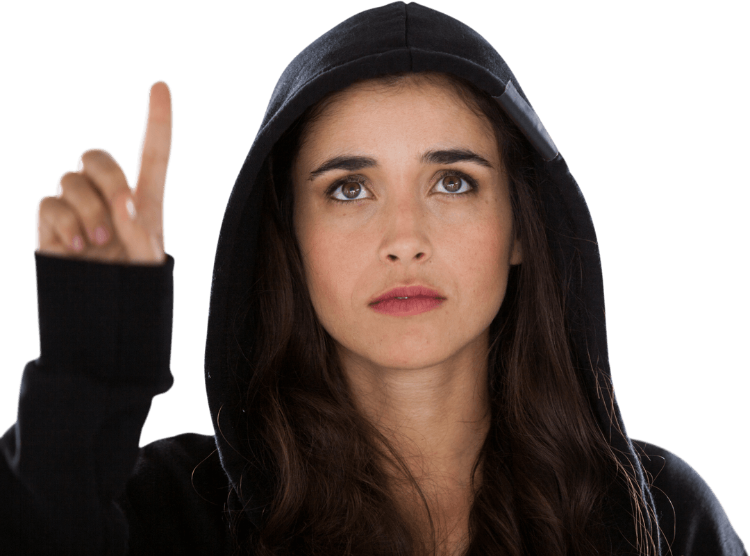 Young Female in Hoodie Interacting with Transparent Interface