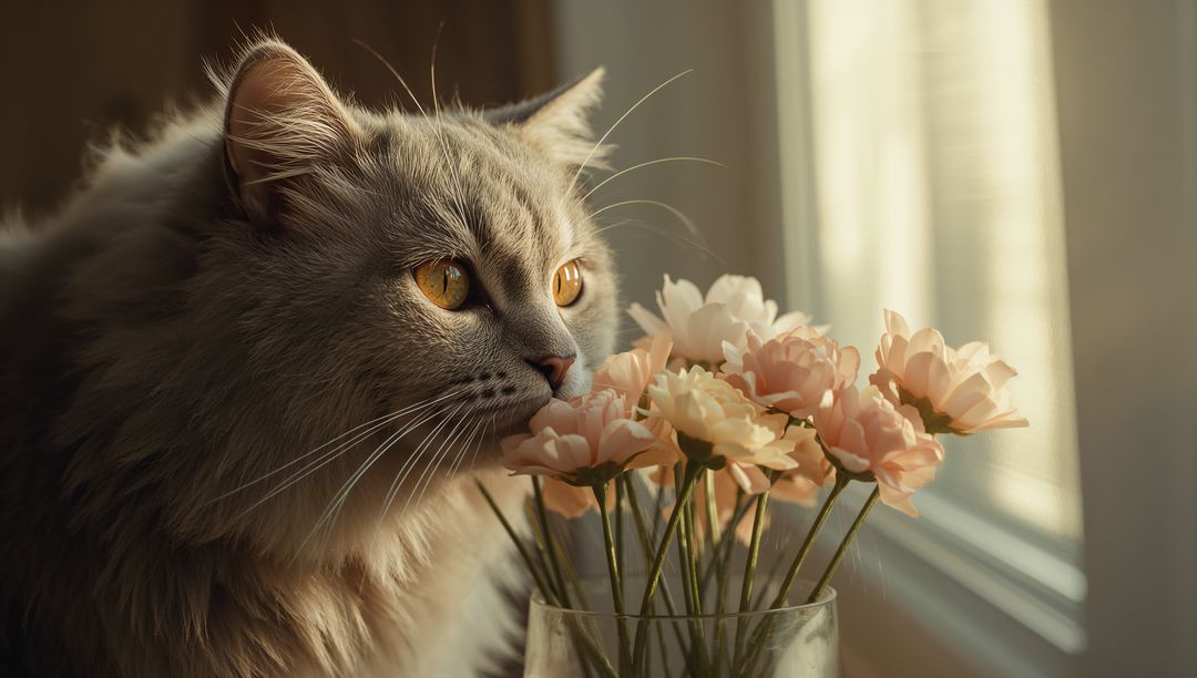 Gazing grey long-haired cat beside sunlit window with pale pink flower bouquet and warm bokeh