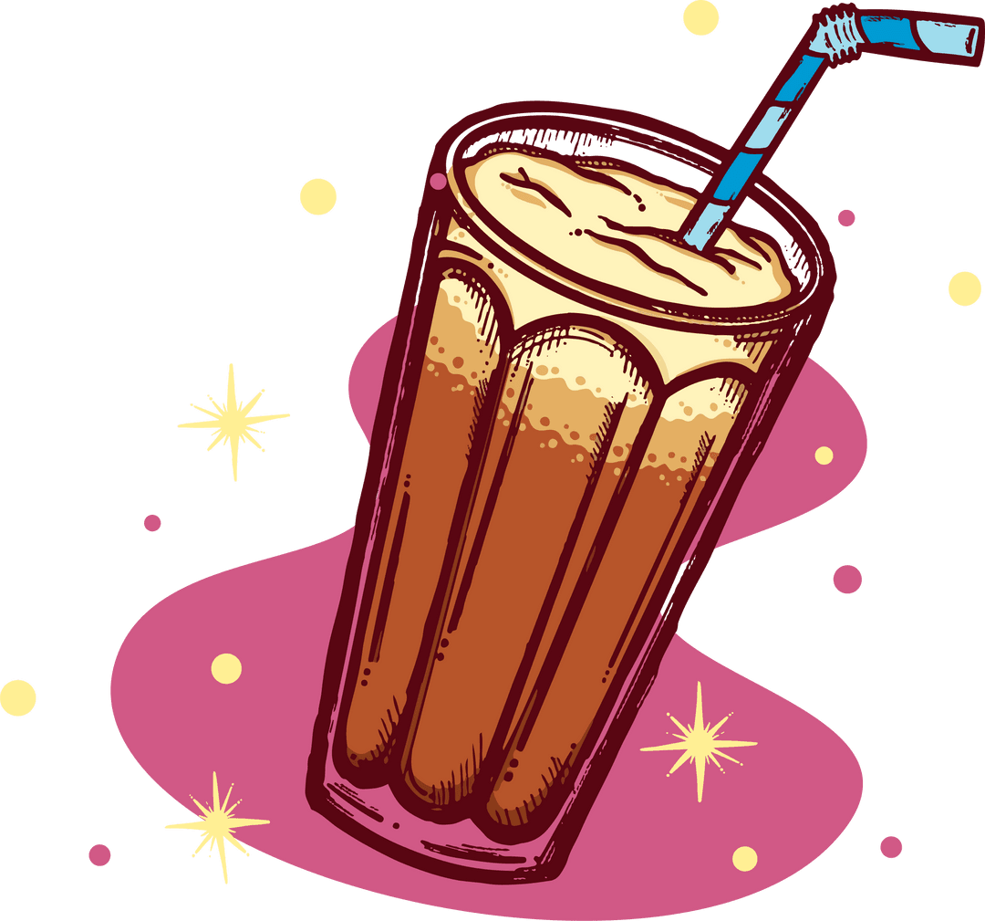 Fluted Glass With Frothy Beverage and Straw on Transparent Background