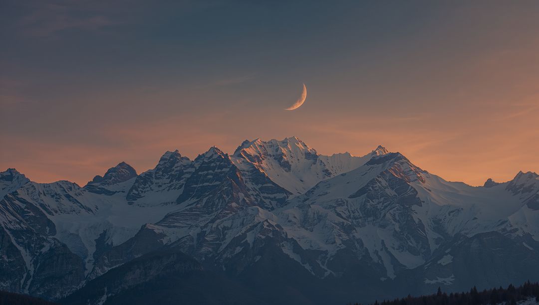 Crescent Moon and Serene Alpine Twilight Over Rugged Peaks
