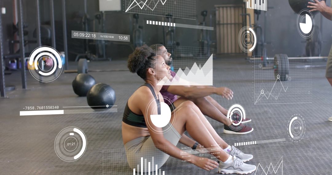 Digital Interface Overlays Diverse Couple Exercising at Gym