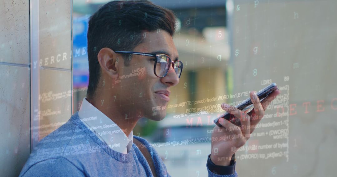 Man Using Smartphone with Augmented Reality Code Overlay - Free Images, Stock Photos and Pictures on Pikwizard.com