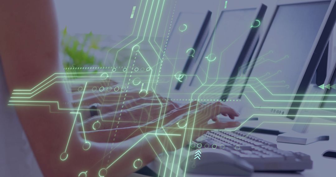 Professional Using Multi-Screen Workstation with Digital Circuit Overlay