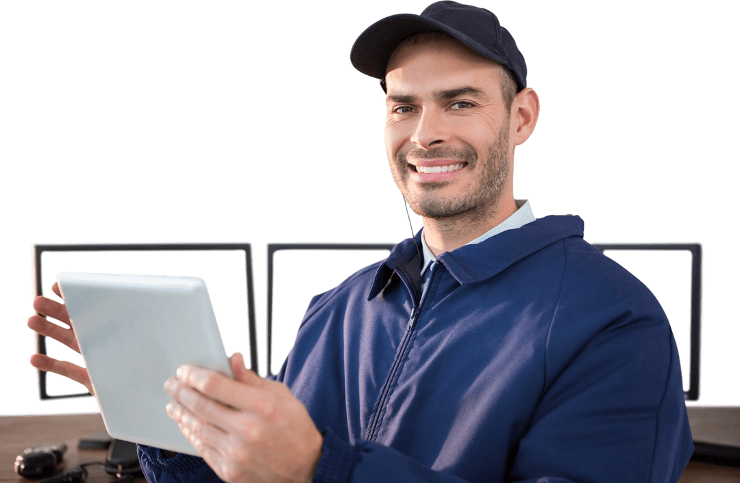 Transparent Background Security Officer Holding Tablet