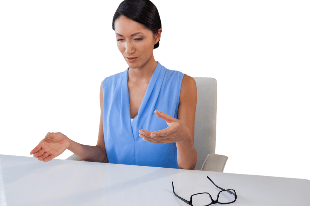 Transparent Businesswoman Gesturing at Table with Glasses