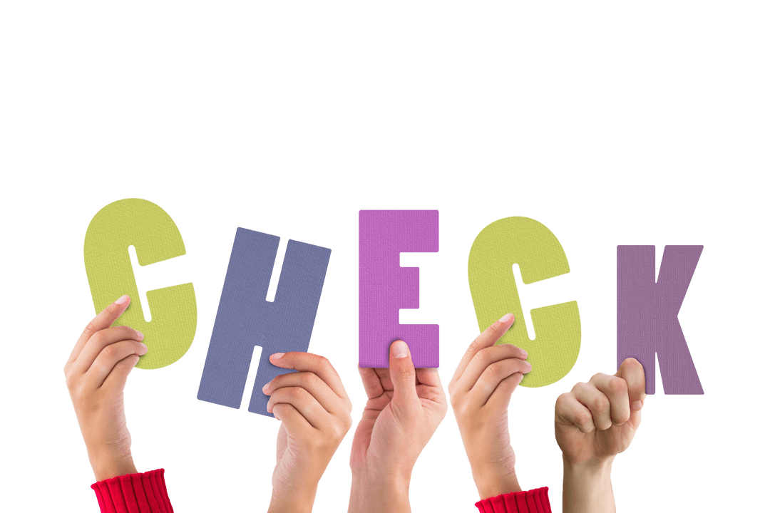 Hands Holding Colorful Text Spelling 'Check' Transparent Background