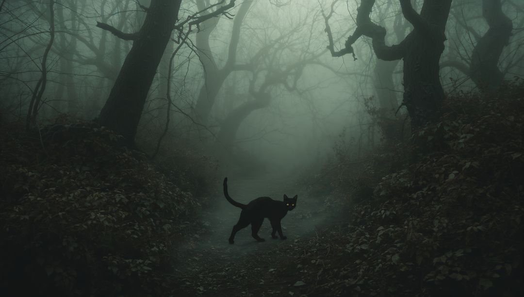 Black Cat on Misty Forest Path Among Gnarled Trees
