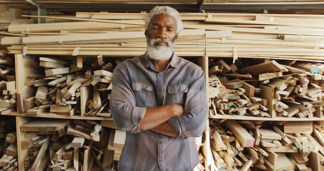 Confident Senior Carpenter Standing in Workshop Surrounded by Lumber - Free Images, Stock Photos and Pictures on Pikwizard.com