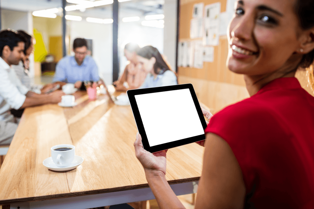 Transparent Background: Happy Biracial Woman Using Tablet in Office