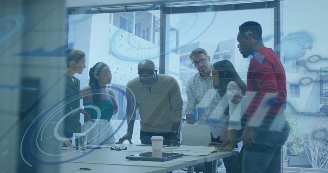 Diverse Team Analyzing Financial Data Behind Futuristic Screen