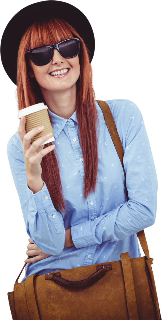 Smiling Hipster Woman with Coffee on Transparent Background