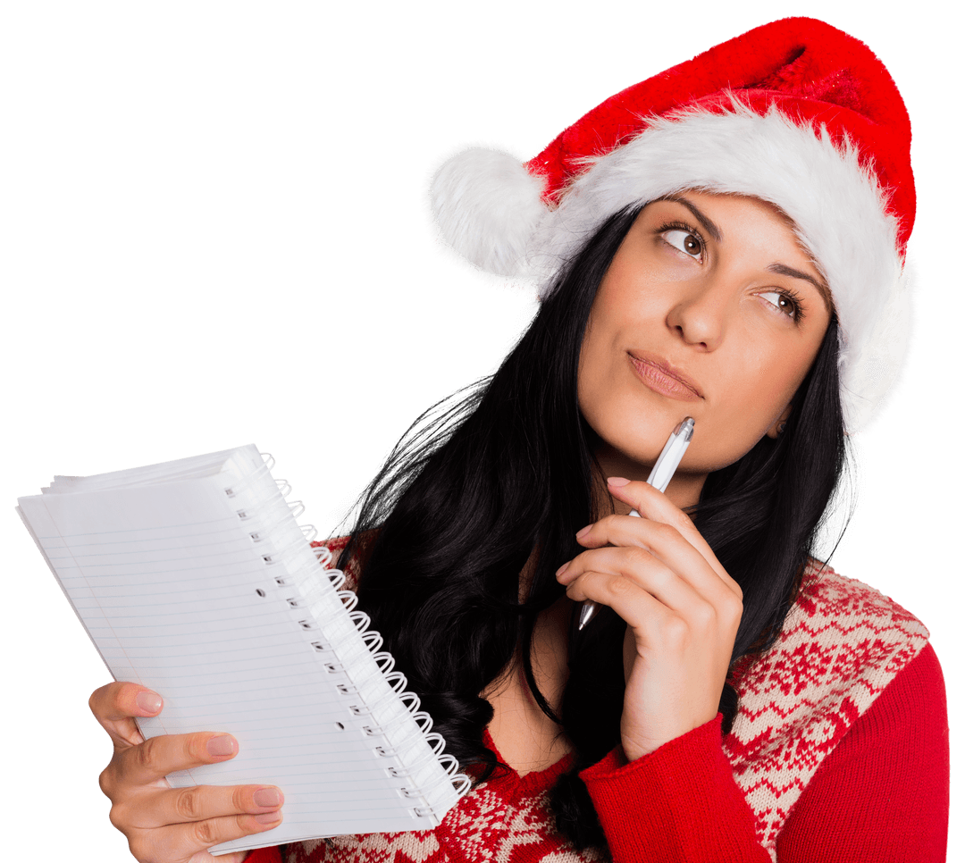 Woman in Santa Hat Thinking with Notebook Transparent Background
