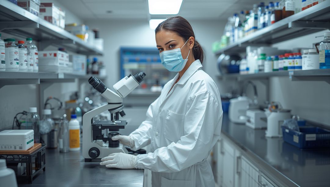 Scientist in Lab Conducting Research with Microscope and PPE