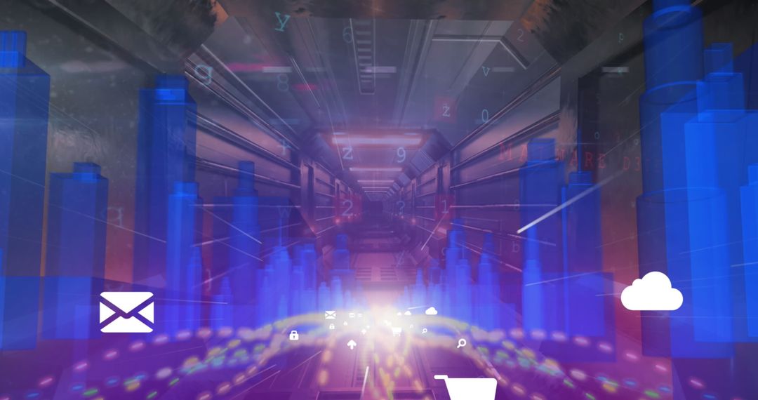 Digital Cityscape with QR Code Elements and Futuristic Overlays