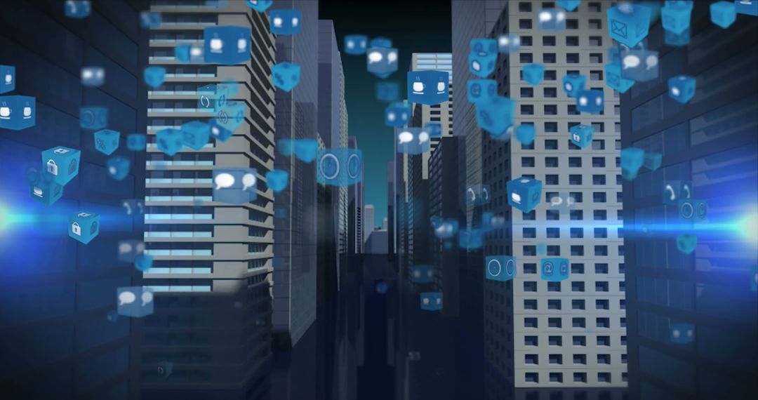 Digital Icons Floating Over Cityscape Model in Futuristic Style