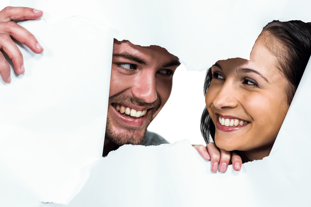 Smiling Couple Peeking Through Transparent Torn Paper