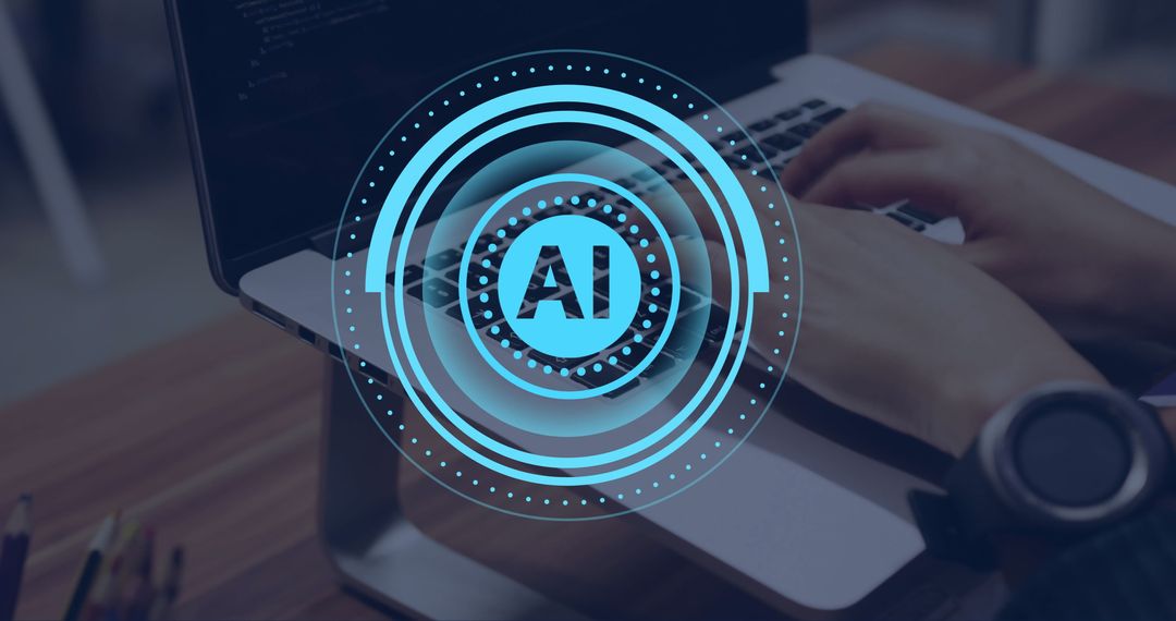 AI Data Processing on Laptop By Woman in Digital Interface Scene