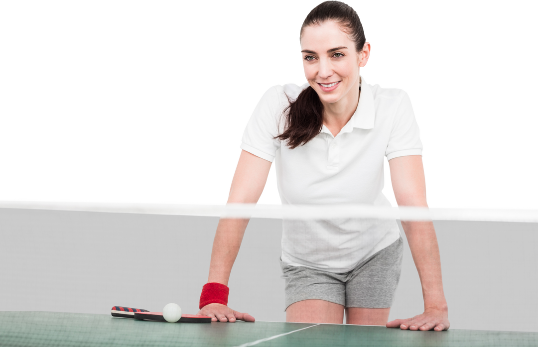 Smiling Female Athlete Leaning on Table Tennis Net in Transparent PNG - Download Free Stock Images Pikwizard.com