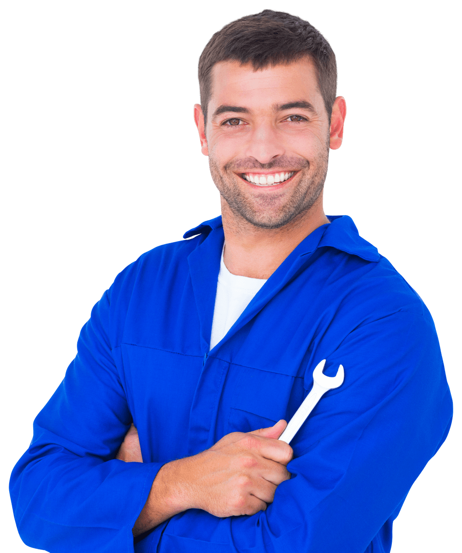 Smiling Male Mechanic Holding Spanner on Transparent Background