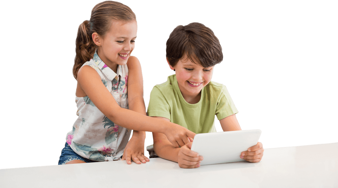 Children Engaging with Tablet on Transparent Background