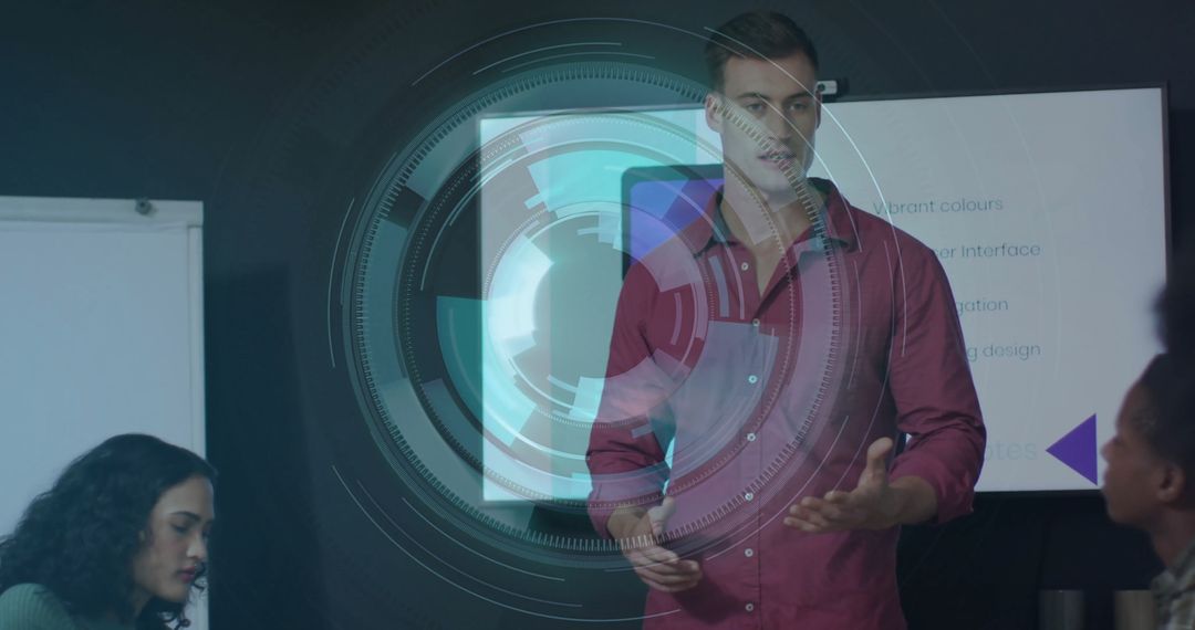 Man Presenting Holographic Display in Modern Office Meeting