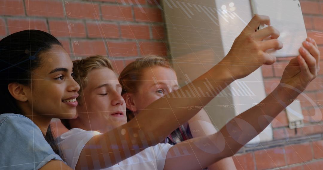 Joyful Students Taking Selfie with Financial Overlay Illustrations