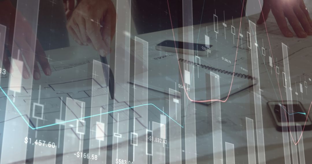 Architects Analyzing Data with Futuristic Charts Overlay
