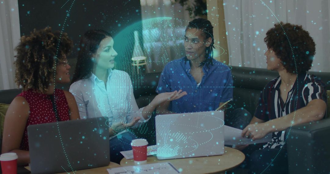 Innovative Team Discussion with Holographic Technology in Modern Office