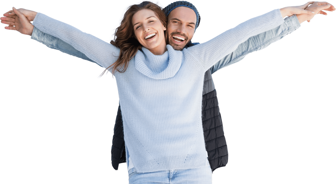 Joyful Couple Standing with Outstretched Arms on Transparent Background