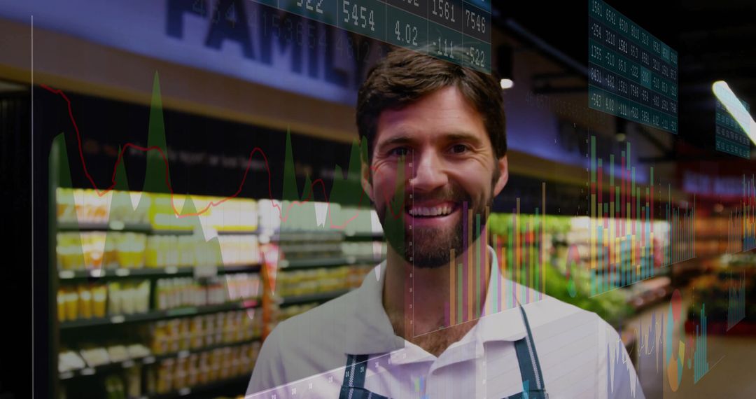Smiling Grocery Clerk with Superimposed Stock Charts in Store Aisle
