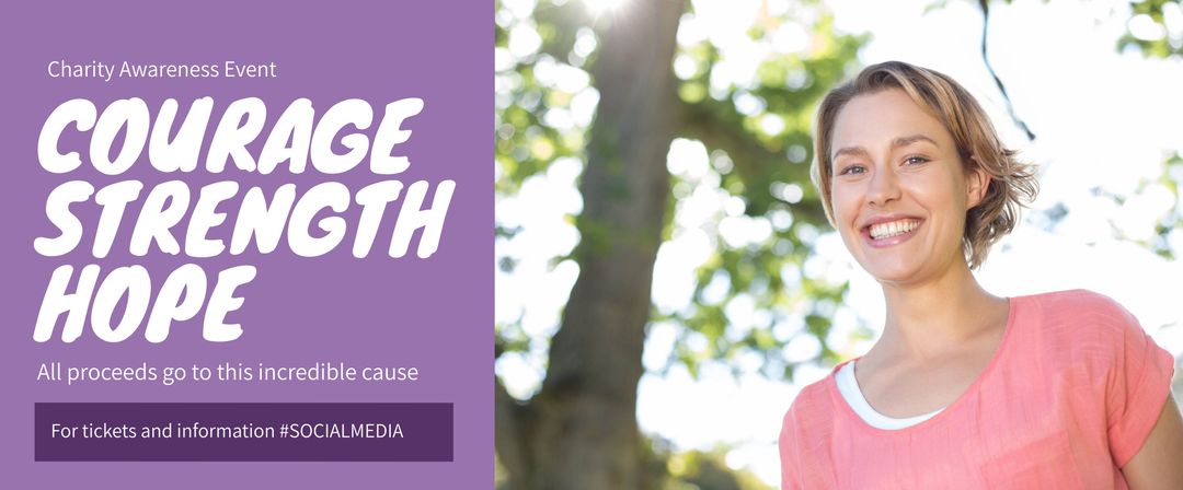 Charity Event Promotion with Smiling Woman in Outdoor Setting