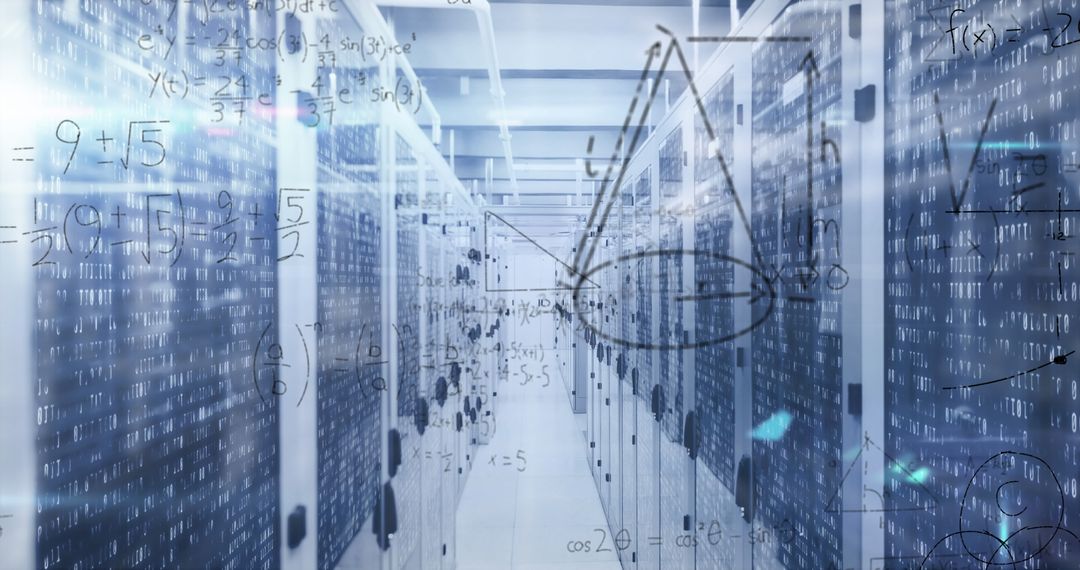 Mathematical Equations Overlay on Modern Data Center