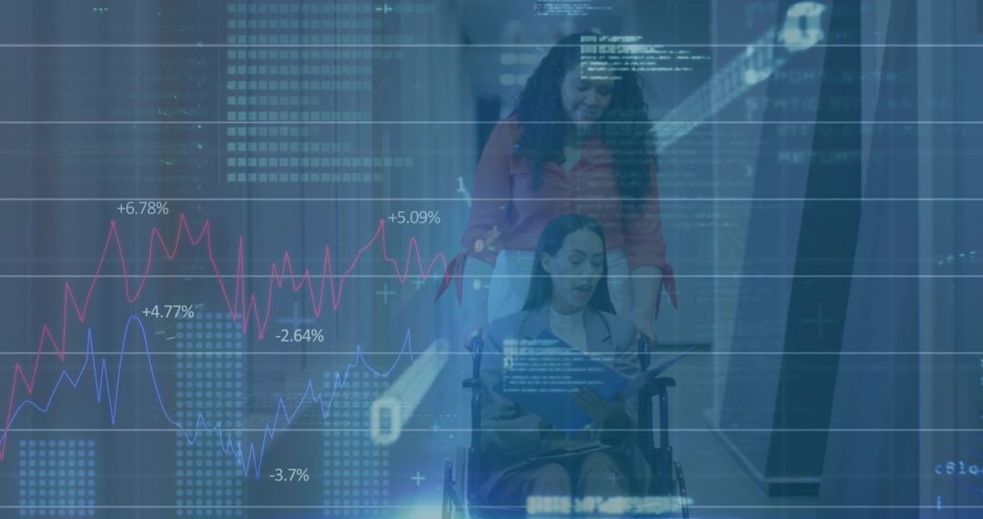 Caregiver Supporting Patient in Wheelchair with Digital Data Overlay