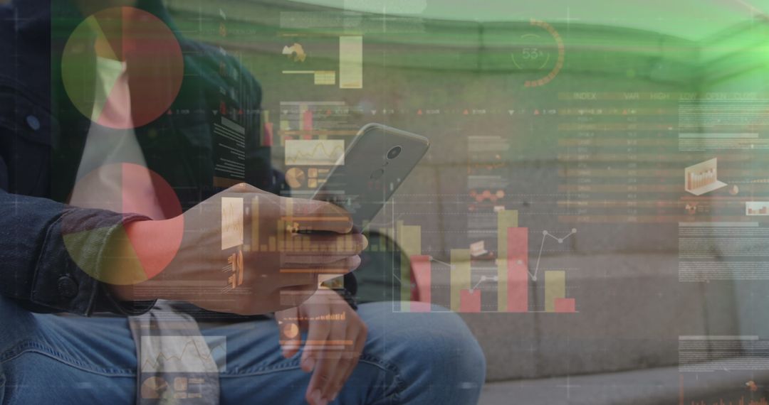 Man Analyzing Financial Data on Smartphone with Digital Graphs