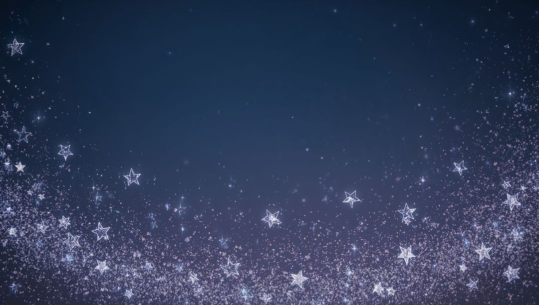 Glittering star trail on indigo sky with outlined five-point stars and sparkling bokeh