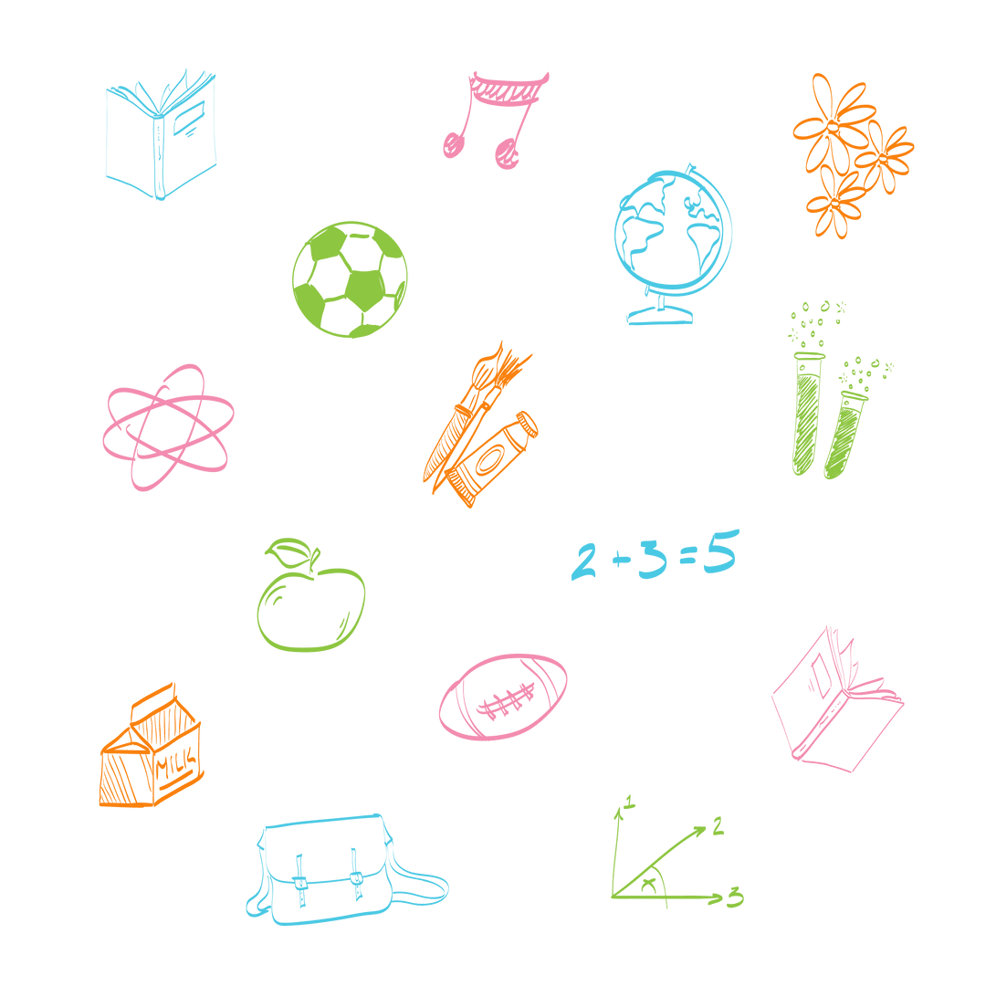 Colorful Symbols for Education and Leisure Activity on Transparent Background