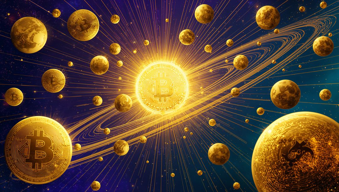 Golden Bitcoin Sunburst Radiating Orbiting Crypto Planets, Circuit Rings in Futuristic Galaxy