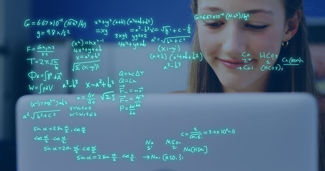 Teen Girl Solving Math Equations on Laptop with Floating Notations - Free Images, Stock Photos and Pictures on Pikwizard.com