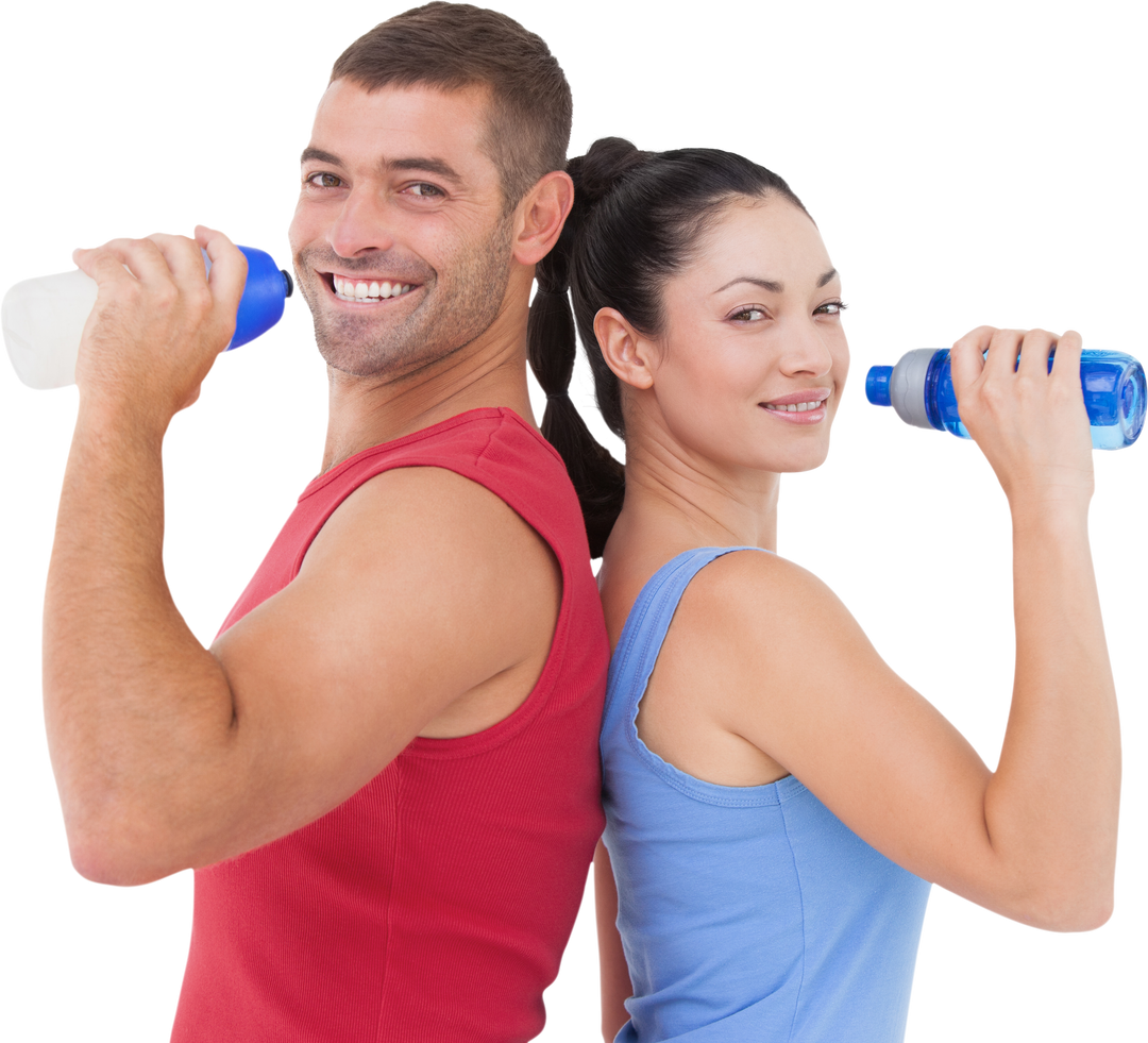 Fit Man and Woman Executing Active Pose with Water Bottles, Transparent Background - Download Free Stock Images Pikwizard.com