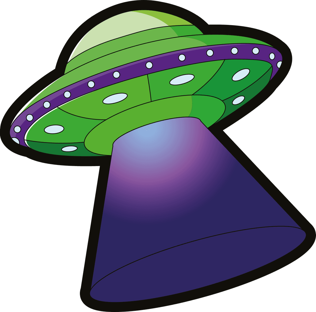 Colorful Green Flying Saucer with Purple Beam on Transparent Background