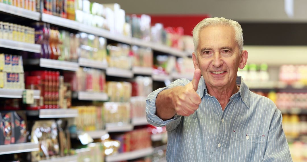 Smiling Elder Man Giving Thumbs Up in grocery store aisle - Free Images, Stock Photos and Pictures on Pikwizard.com