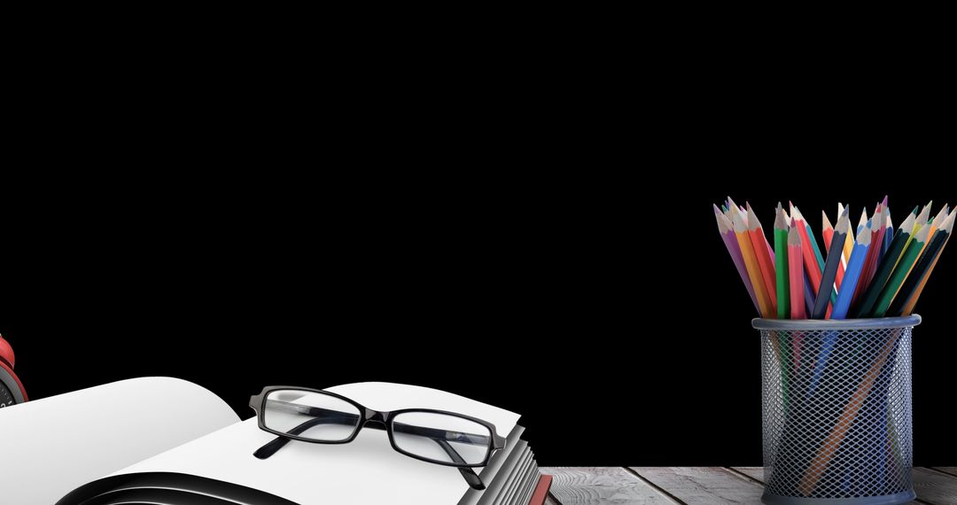 Blackboard Background with Open Book and Glasses on Desk