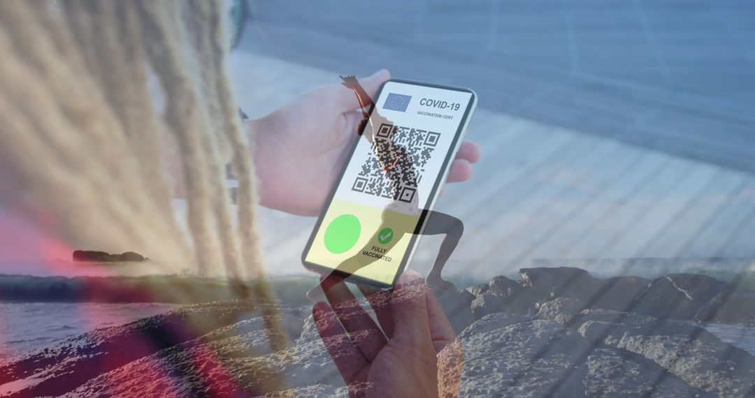 Digital Covid Passport on Smartphone Overlay in Beach Yoga Scene