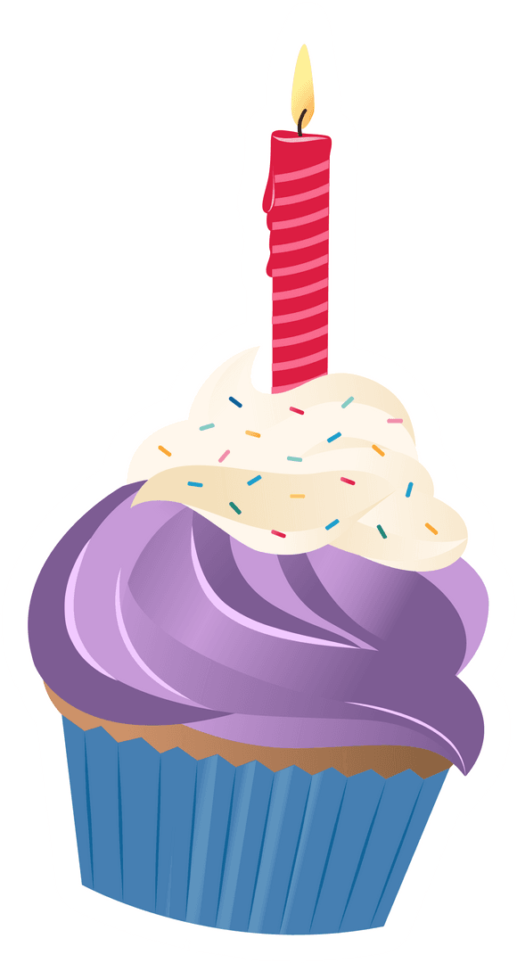 Purple Frosted Cupcake with Birthday Candle on Transparent Background