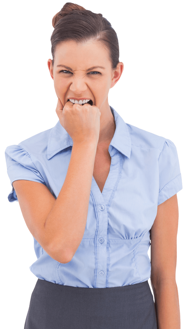 Transparent Furious Businesswoman Biting Fist in Anger